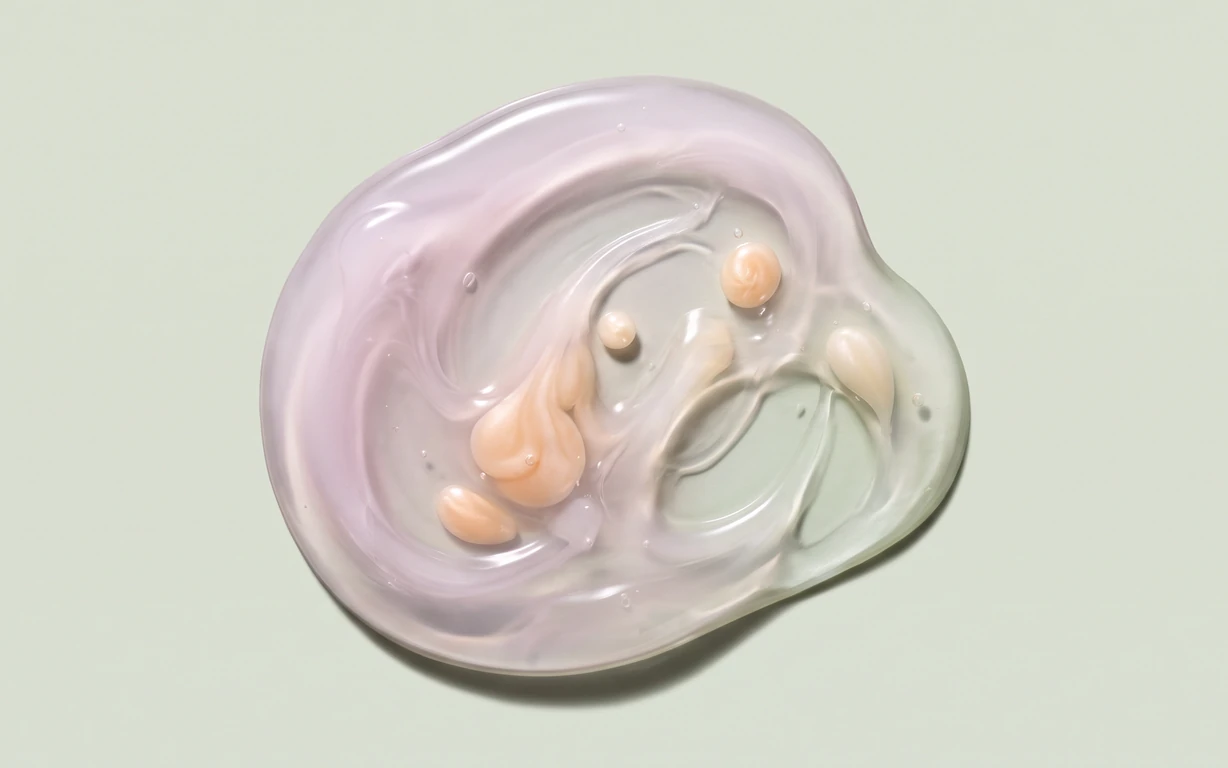A glossy, translucent abstract material form in soft lilac, ivory, peach and pale sage, arranged on a seamless light sage surface with a gentle grounding shadow.