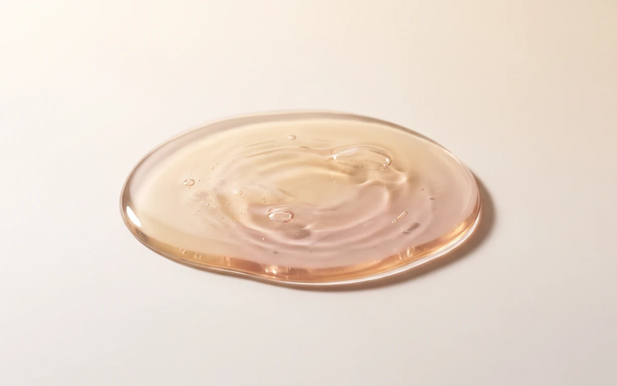 A shallow, translucent peach-toned pool with soft ripples and small suspended bubbles rests on a warm ivory surface, casting a gentle studio shadow.