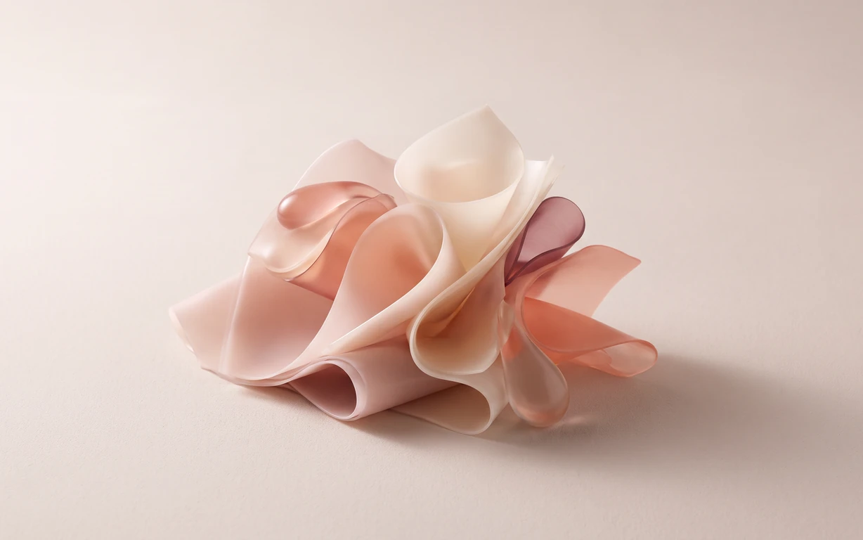 Abstract sculptural cluster of translucent ivory, blush, coral and muted plum folds on a softly lit warm neutral surface.