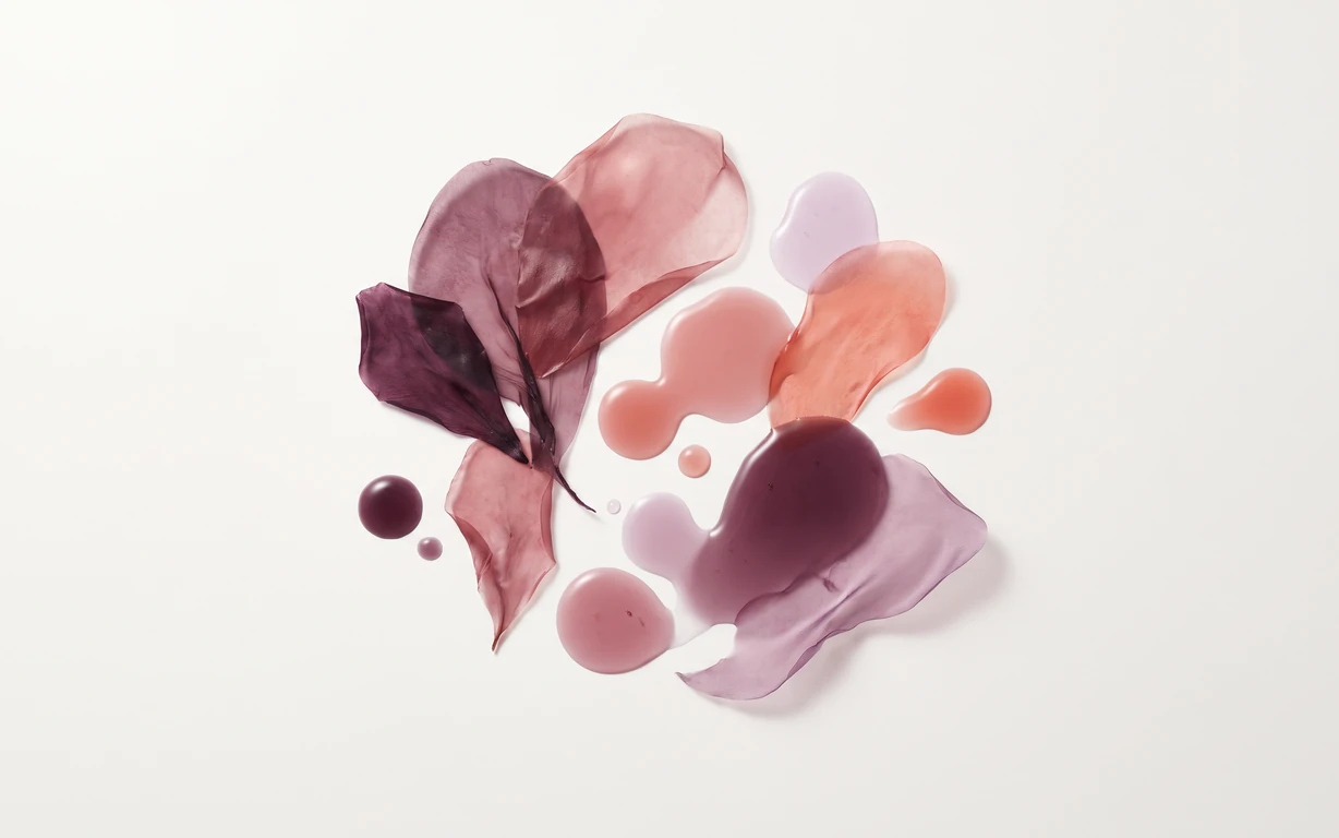 Abstract still life of translucent plum, blush, lilac and coral forms with glossy droplets arranged on a warm ivory background.