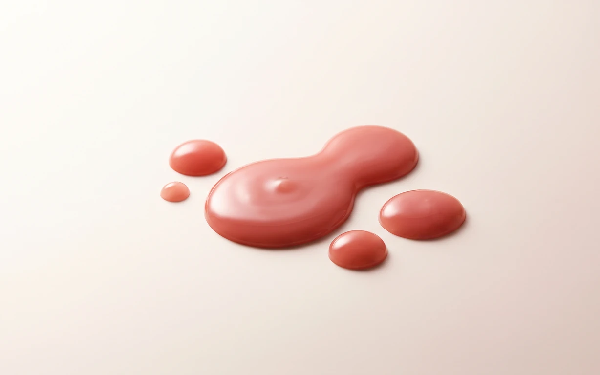 Glossy coral-pink liquid forms and droplets arranged on a softly lit ivory-blush seamless surface.