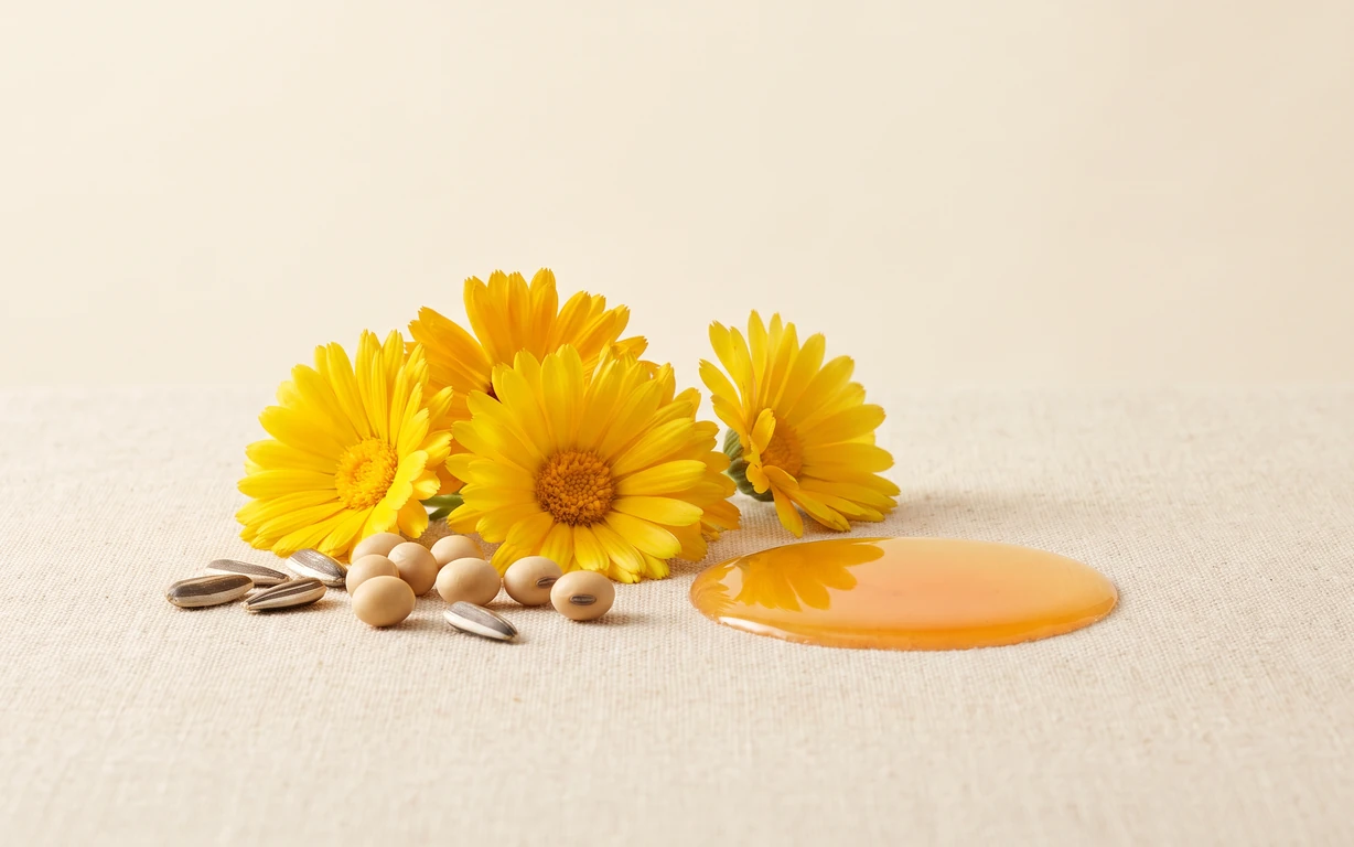 Yellow calendula blossoms arranged with beige soybeans, striped sunflower seeds and a glossy amber pool of oil on a softly lit ivory textile surface.