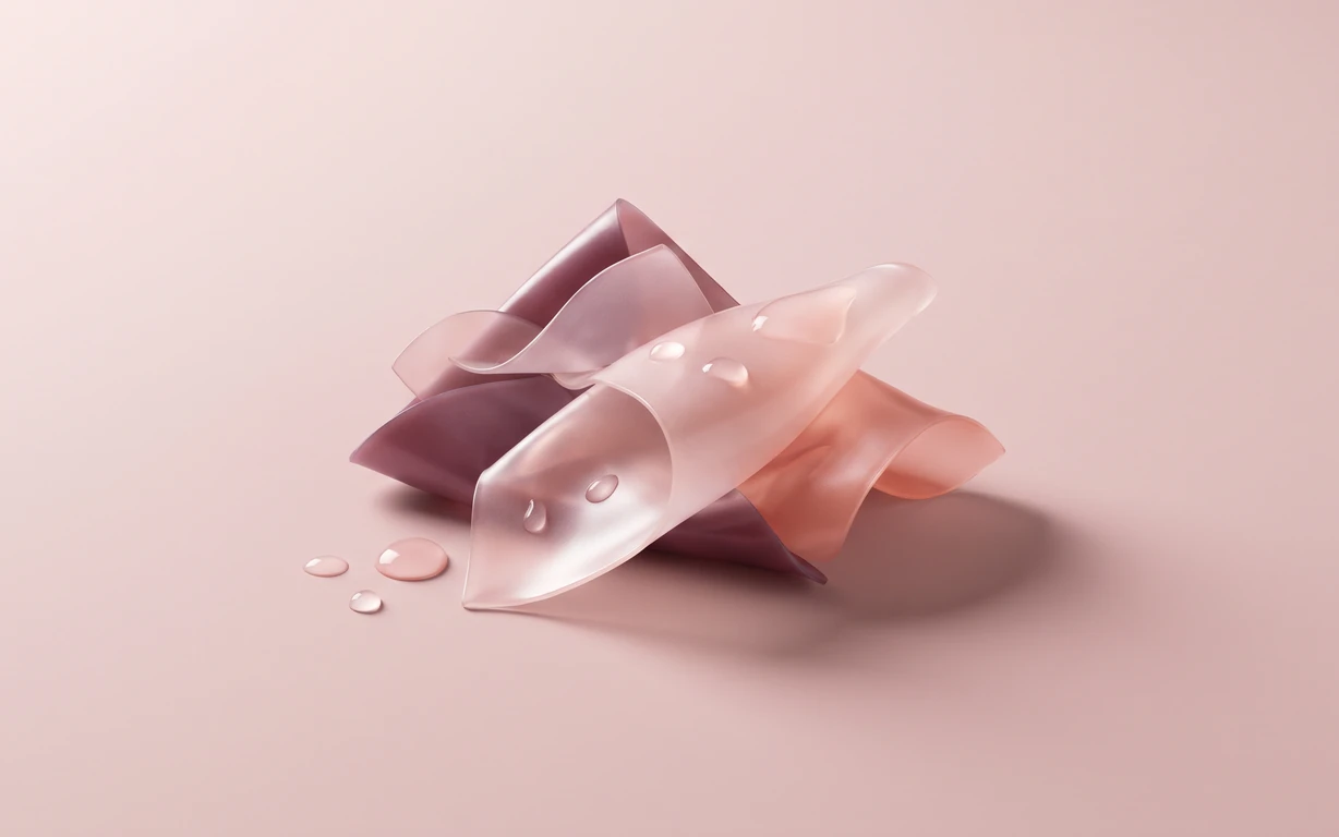 Translucent blush, coral, and muted plum sculptural folds with clear droplets on a softly lit pink studio surface.