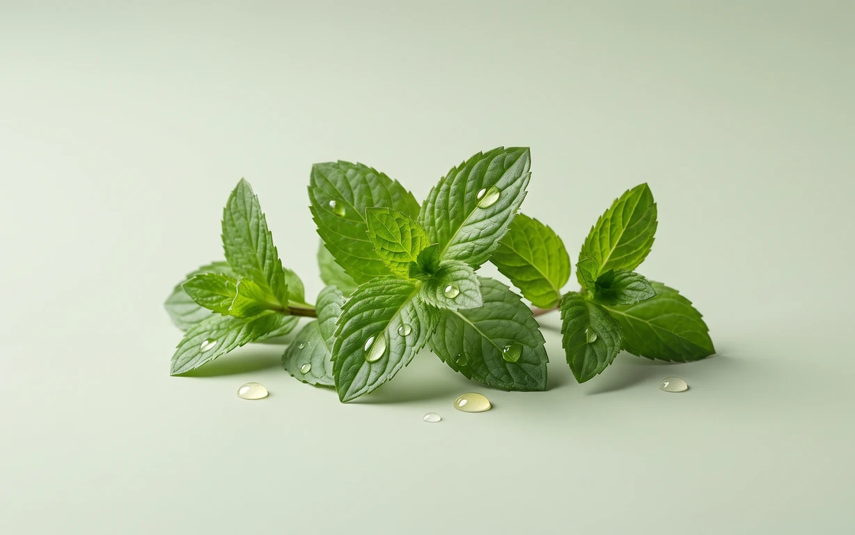 Fresh green peppermint sprigs dotted with clear droplets on a pale sage seamless surface under soft studio light.