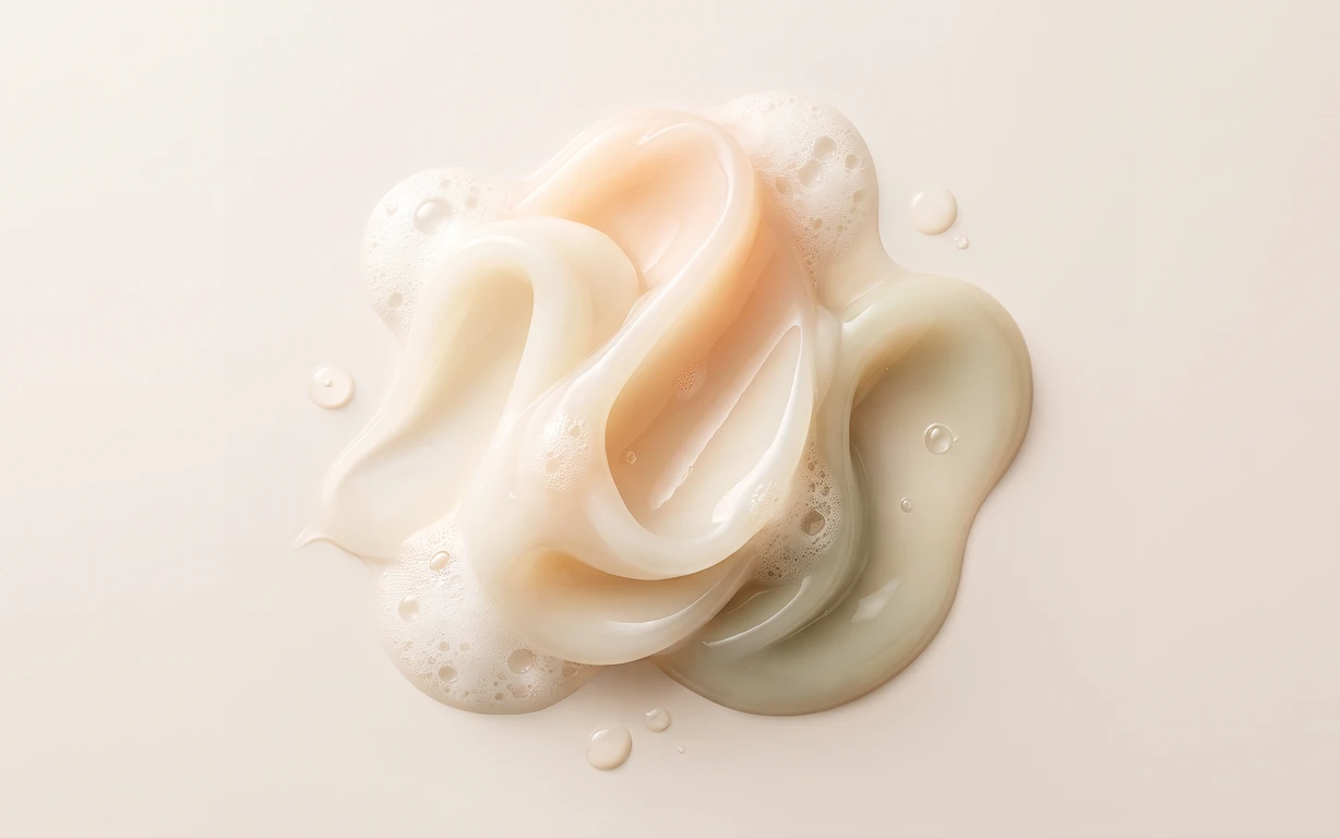 Glossy ivory, peach, and pale sage liquid folds with delicate foam bubbles on a warm cream background.