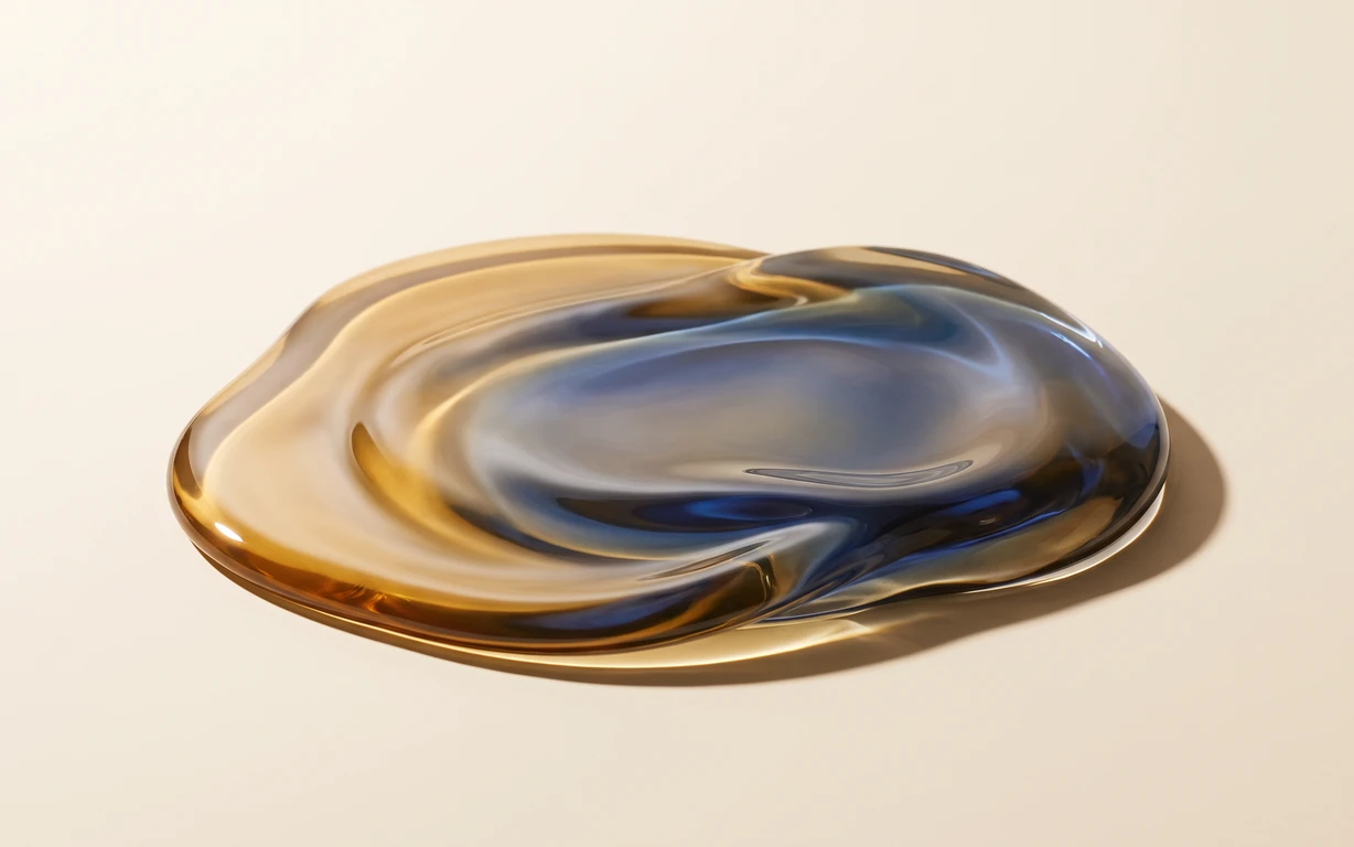 An abstract glossy pool of translucent amber-gold and deep blue liquid on a warm ivory surface, shaped into smooth flowing folds with a soft grounding shadow.