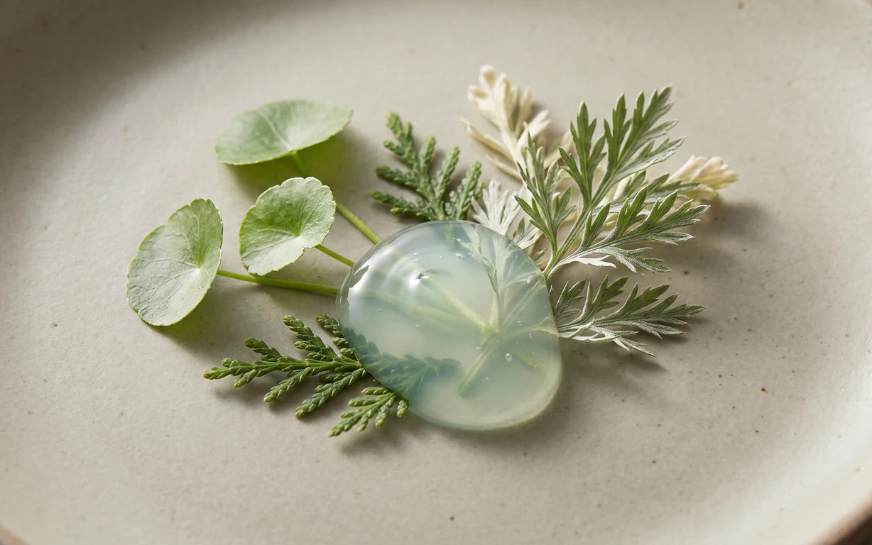 A translucent pale-green gel droplet resting on a softly lit stone surface among round centella leaves, cypress sprigs and feathery artemisia foliage.