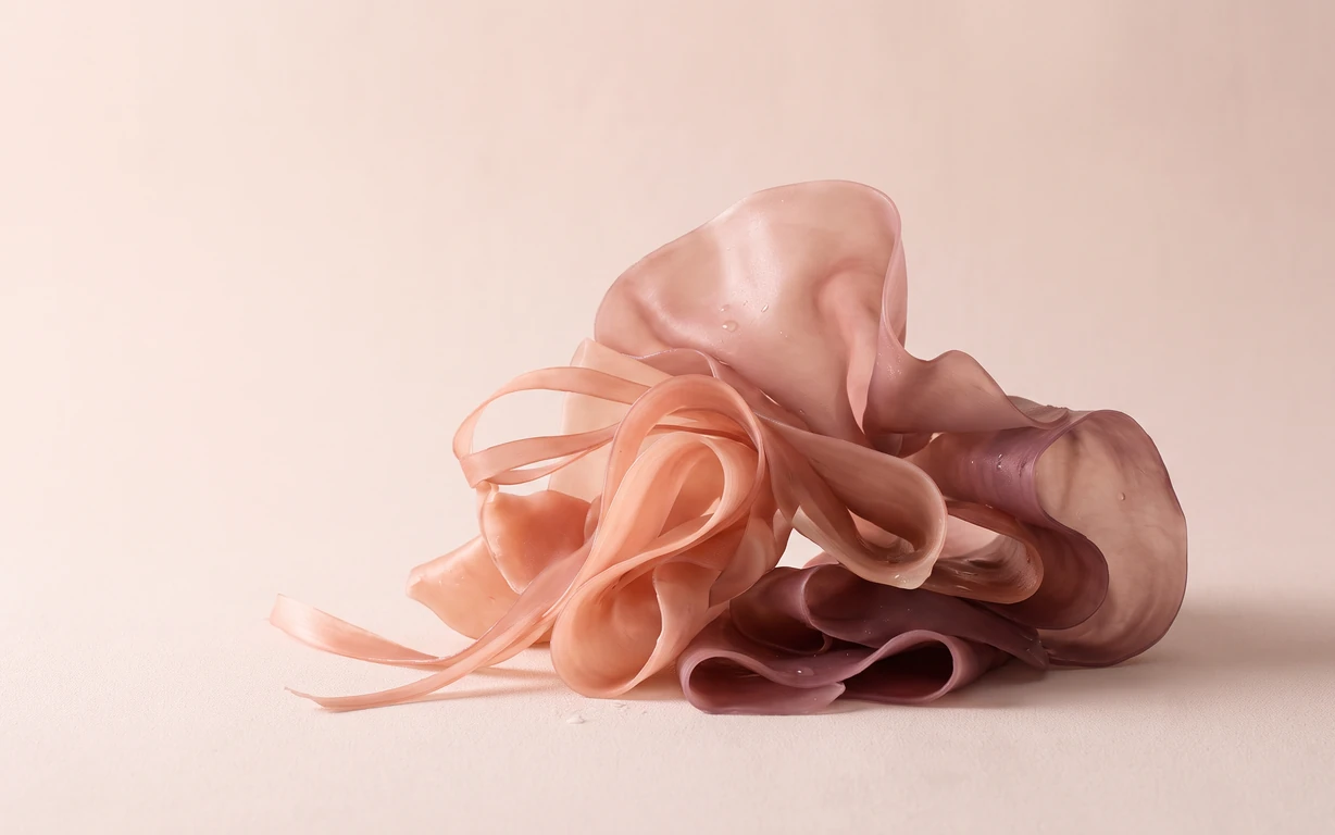 Abstract sculptural arrangement of translucent blush, coral, and muted plum folds and ribbons on a pale peach seamless surface, softly lit with a gentle grounding shadow.