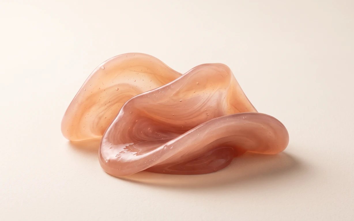 Translucent amber-rose sculptural folds with tiny suspended droplets rest on a warm ivory surface under soft studio light.