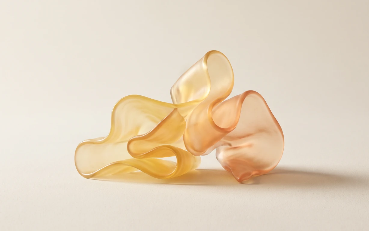 Translucent golden-yellow and soft coral ribbon-like sculptural forms rest on a warm ivory surface, casting a gentle shadow against a seamless neutral backdrop.
