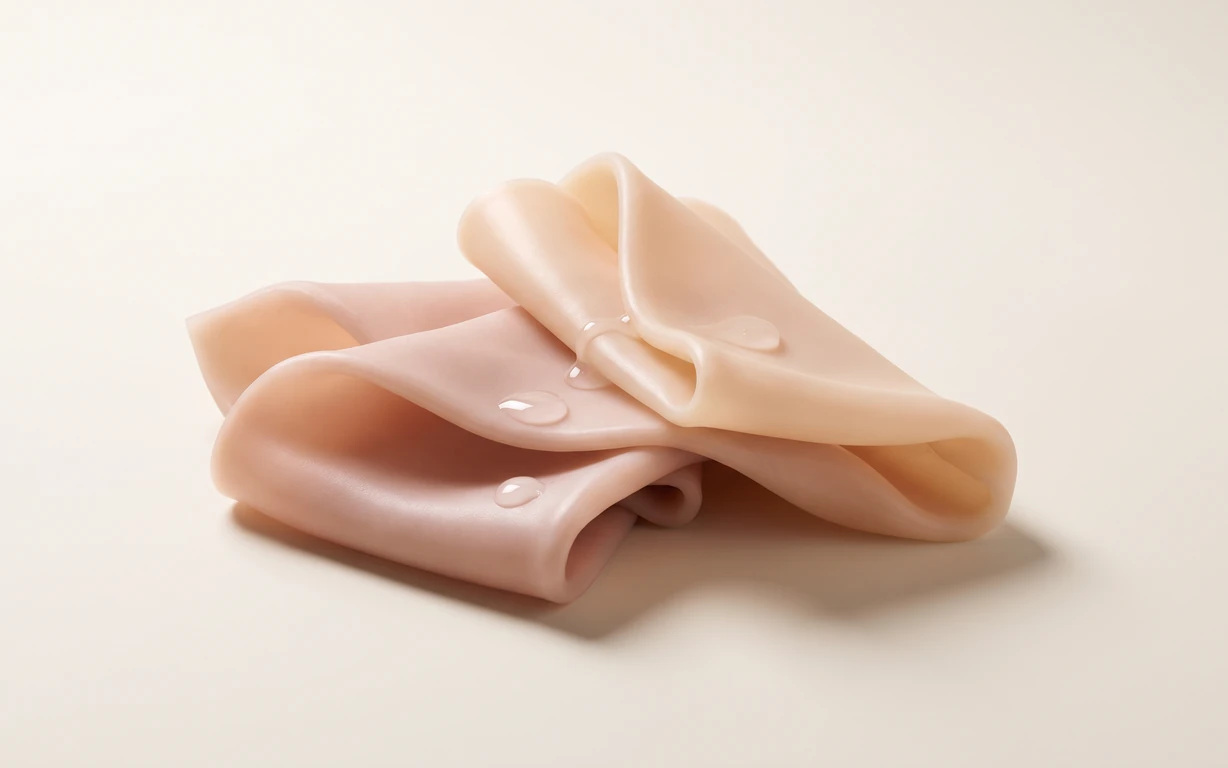 Soft peach-toned translucent folds arranged in a layered sculptural form with clear droplets, photographed on a warm ivory surface with diffused light and a gentle shadow.
