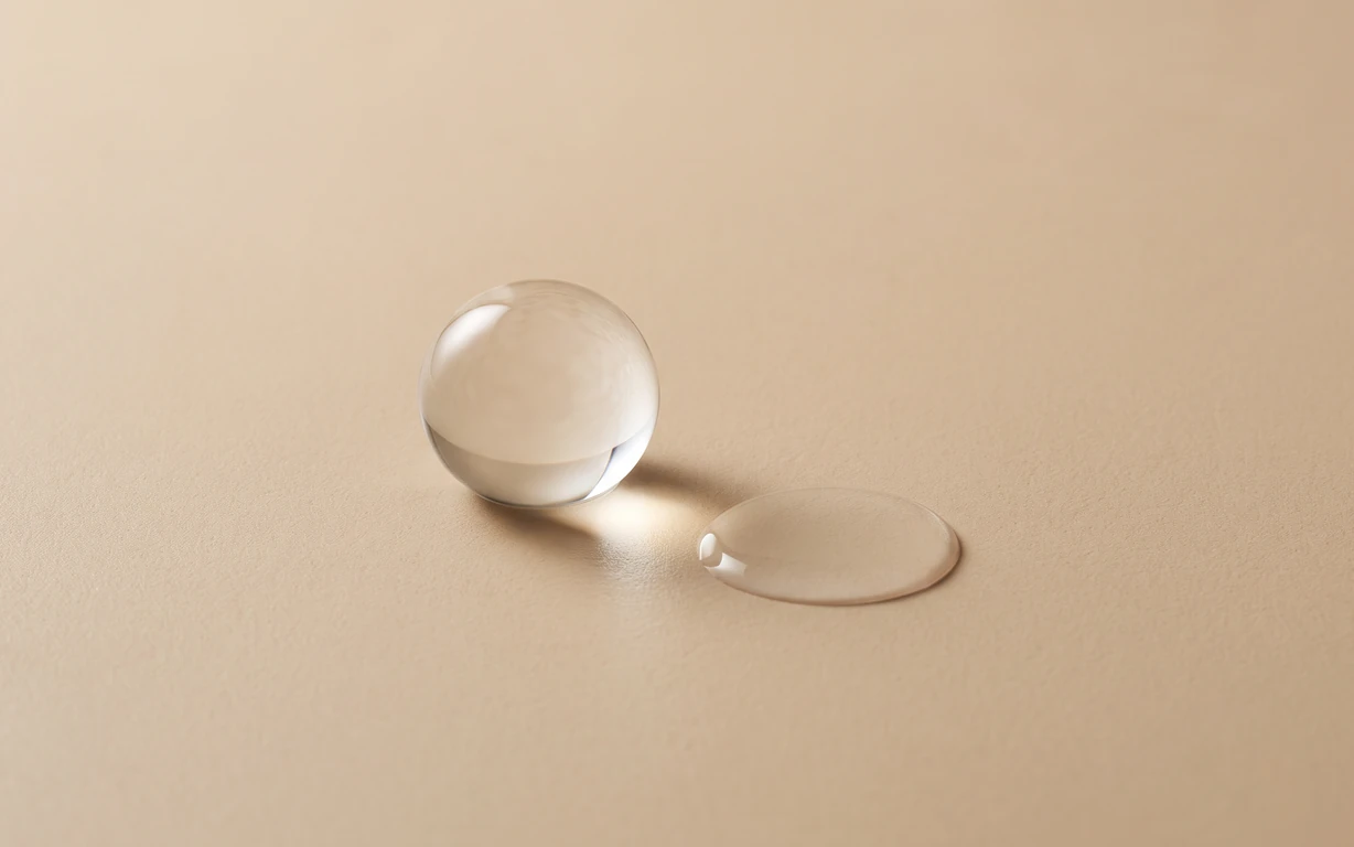 A clear glass-like sphere beside a shallow translucent droplet on a warm oat-beige surface, lit softly with gentle shadows.
