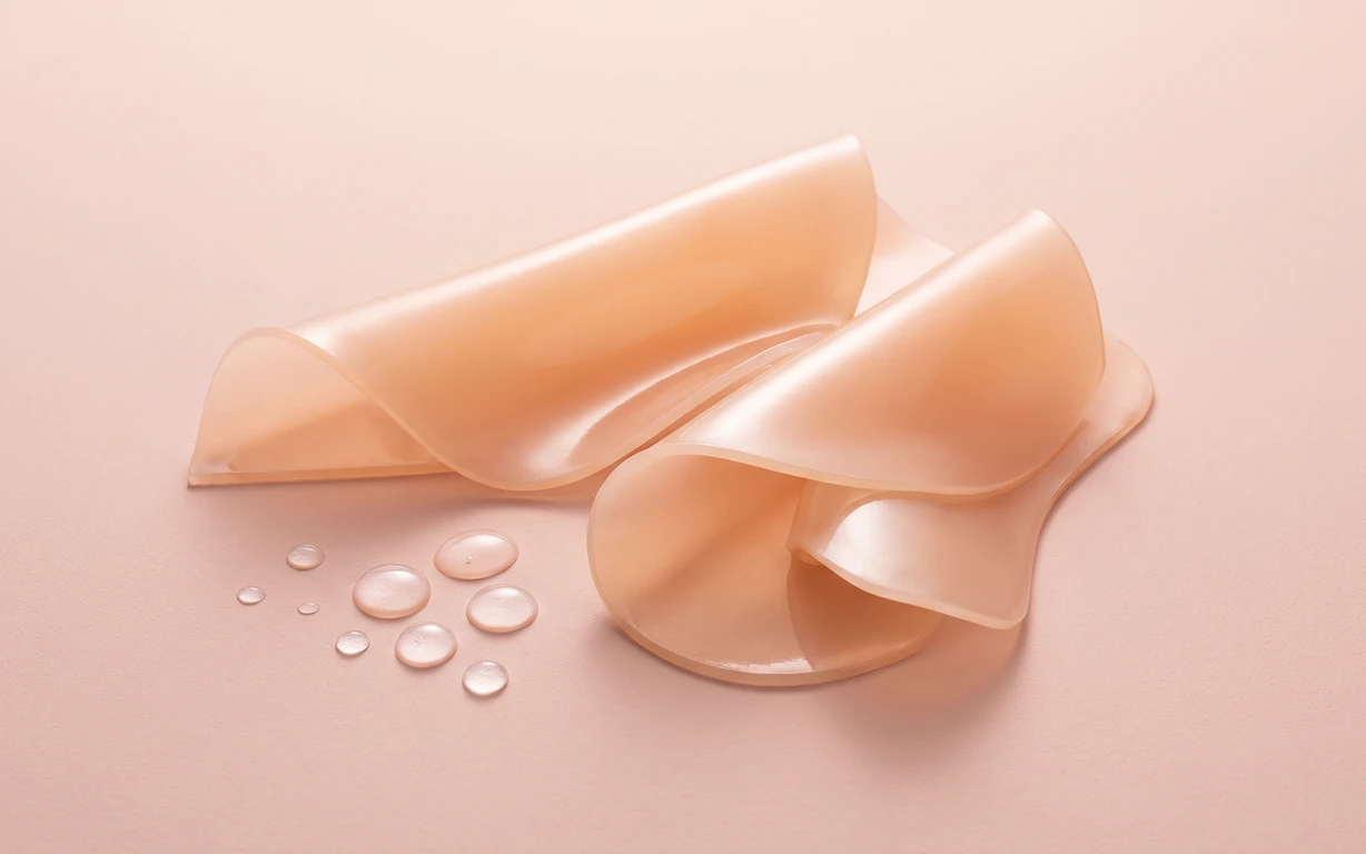 Soft peach translucent sheets arranged in flowing folds beside clear droplets on a blush seamless surface.