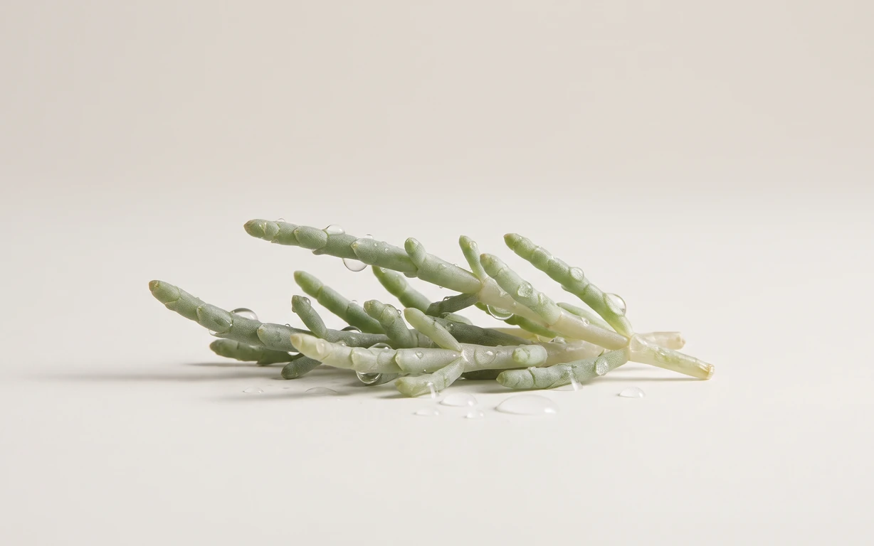 Fresh green glasswort sprigs with water droplets resting on a softly lit ivory surface.