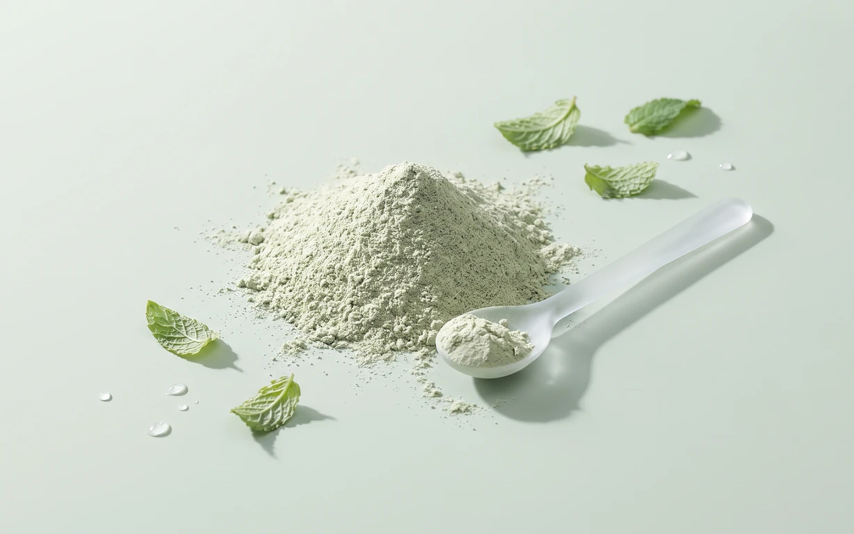 Pale green botanical powder arranged in a mound with a small white spoon, scattered mint leaves, and water droplets on a pale sage surface.