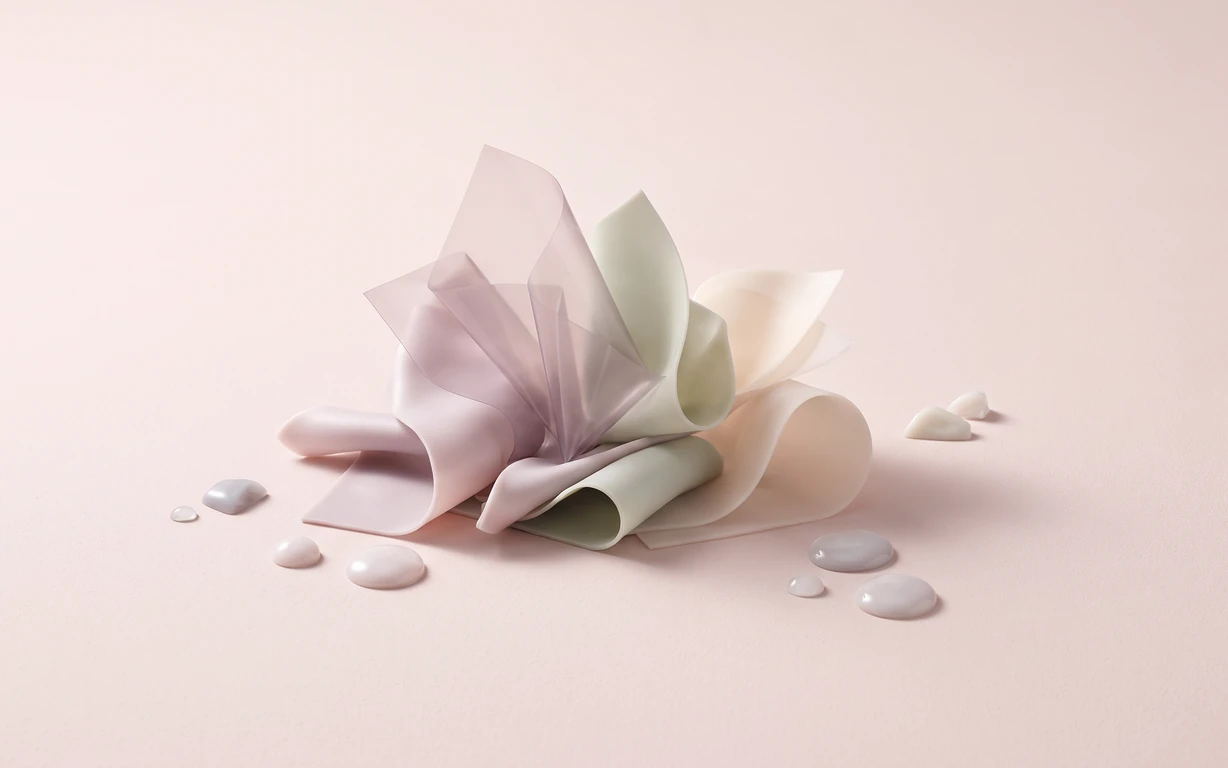 Abstract still life of softly folded translucent blush, pale sage and ivory sheets surrounded by glossy droplets on a seamless pale pink surface.