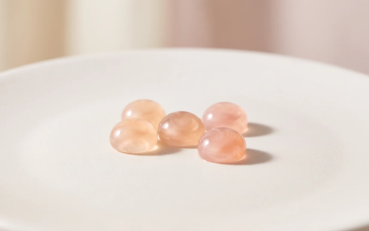 Five translucent peach and blush rounded forms arranged on a softly lit ivory surface, casting gentle directional shadows against a warm neutral backdrop.