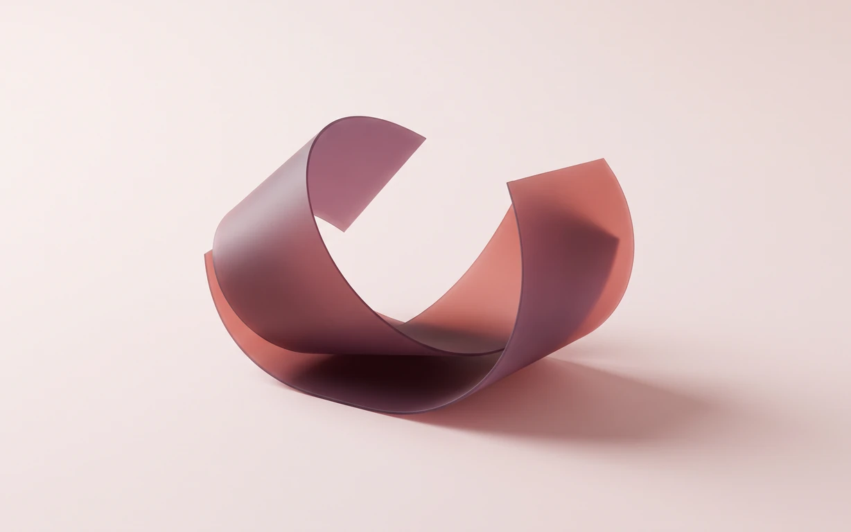 Abstract sculptural still life of overlapping curved translucent forms in muted plum and coral, resting on a pale blush surface with a soft directional shadow.
