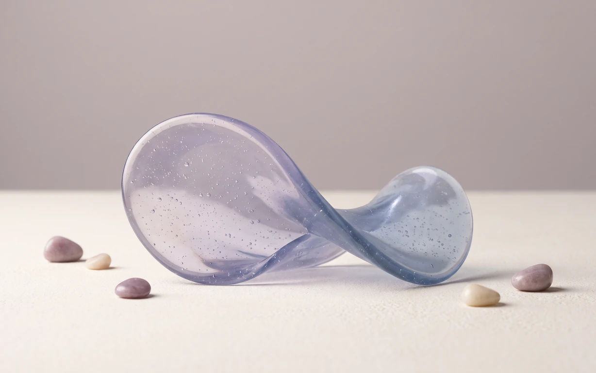 A translucent lavender-blue looped sculpture with tiny suspended bubbles rests on an ivory surface, surrounded by small lilac and cream pebbles against a soft blush-gray backdrop.