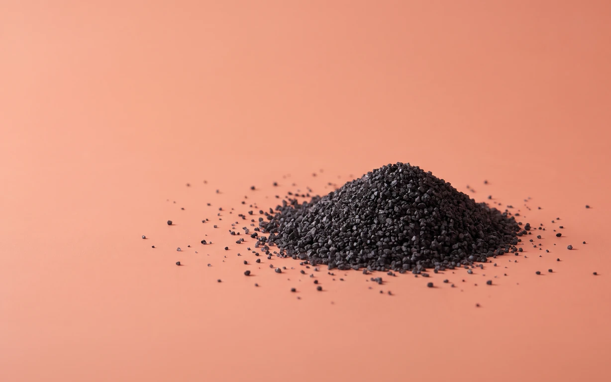 A small mound of dark charcoal-purple mineral salt granules scattered across a seamless warm coral surface under soft studio lighting.
