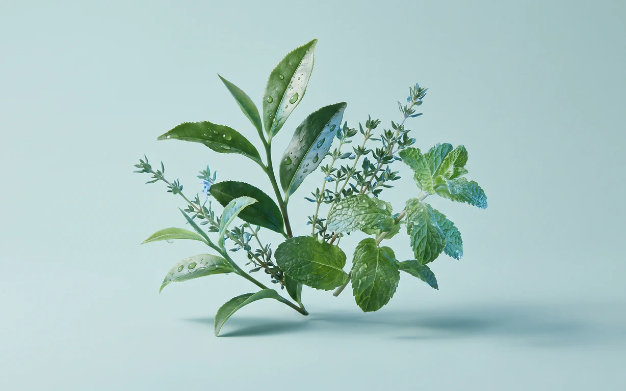 Green tea leaves, flowering thyme sprigs and textured apple mint leaves arranged as a floating botanical cluster with water droplets on a pale cool-blue backdrop.