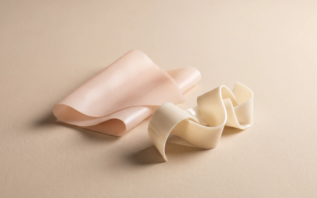 Soft blush and ivory ribbon-like abstract forms arranged on a warm beige surface with diffused light and gentle shadows.