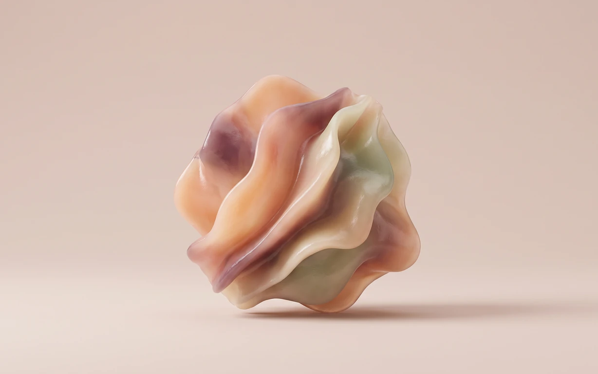 Abstract glossy folded sculpture in muted peach, plum, ivory, and pale green, centered on a soft blush studio surface with a gentle cast shadow.