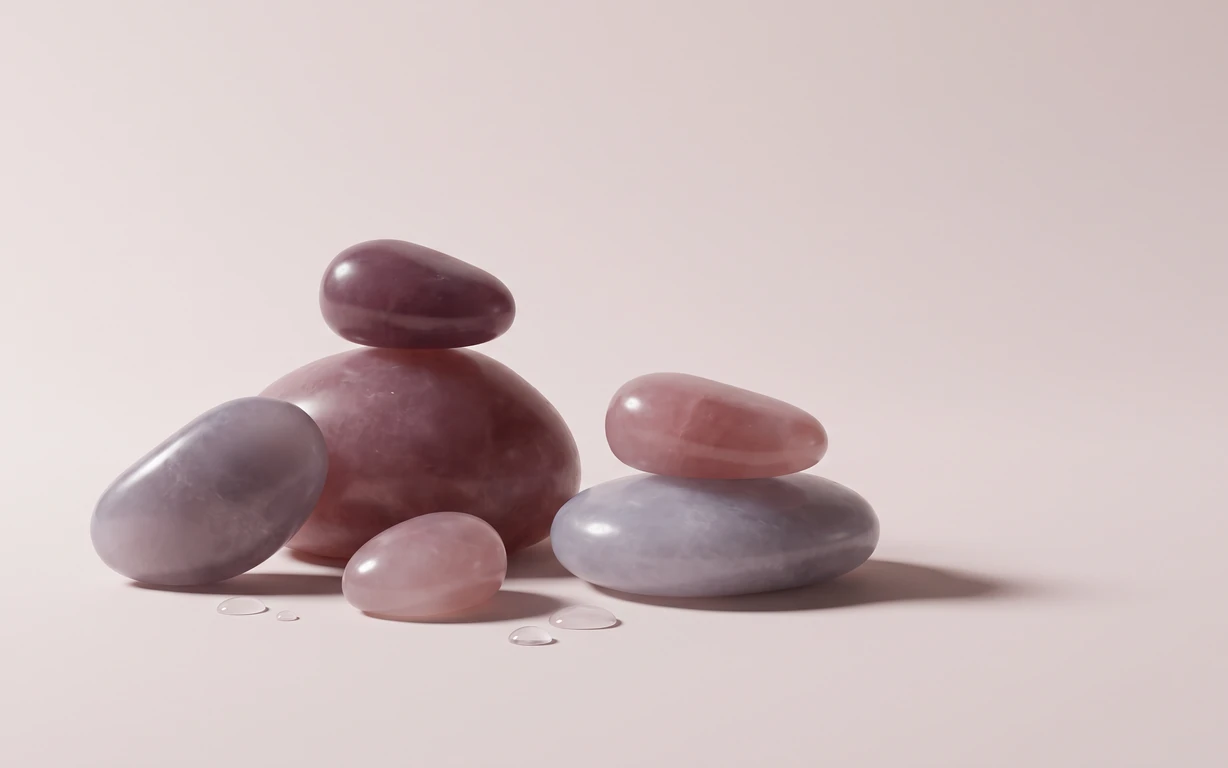 Abstract still life of smooth, rounded plum, blush, and pale lilac forms arranged in two small stacks with clear droplets on a softly lit pink surface.