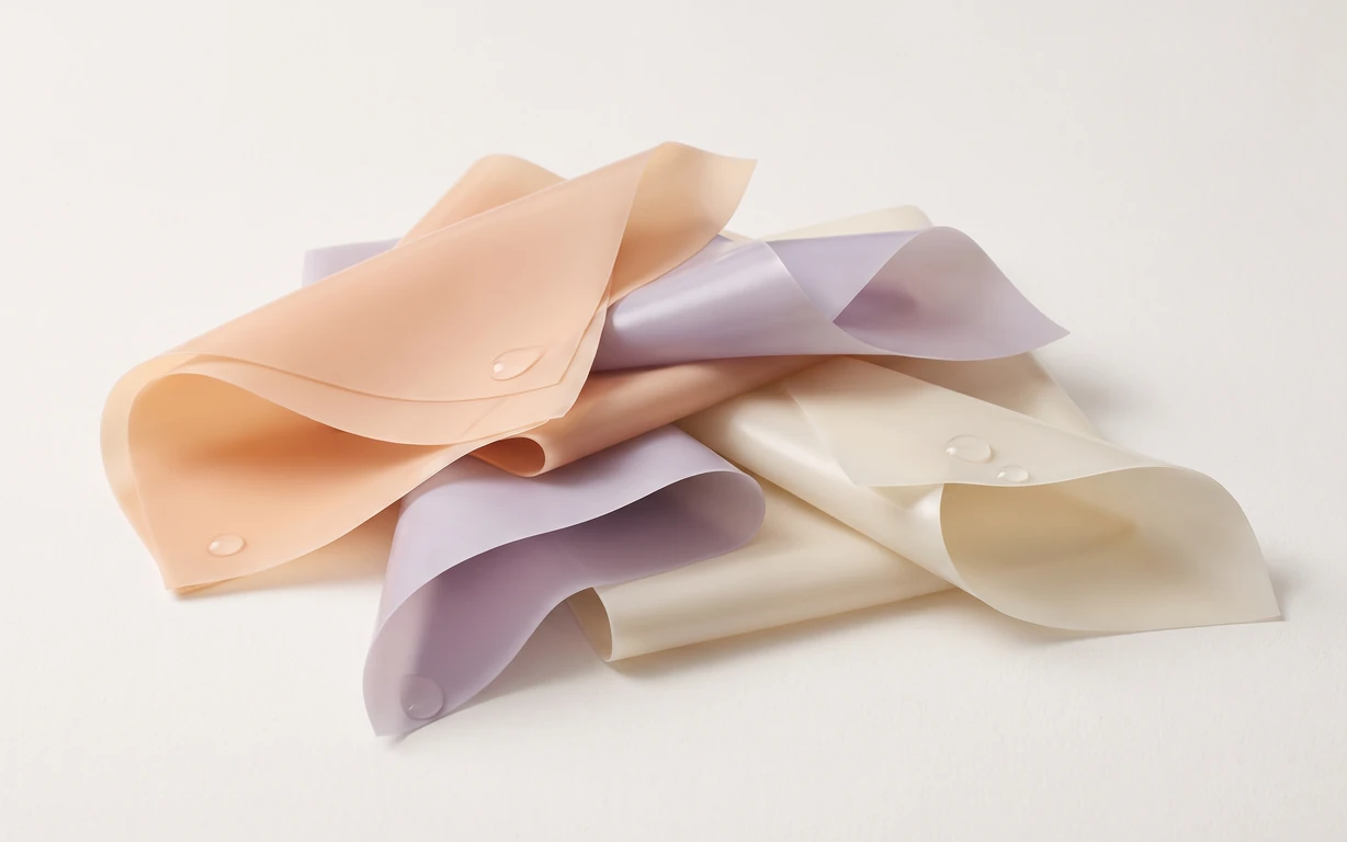 Soft peach, lilac, and ivory translucent sheets arranged in flowing folds with clear droplets on a warm seamless surface.