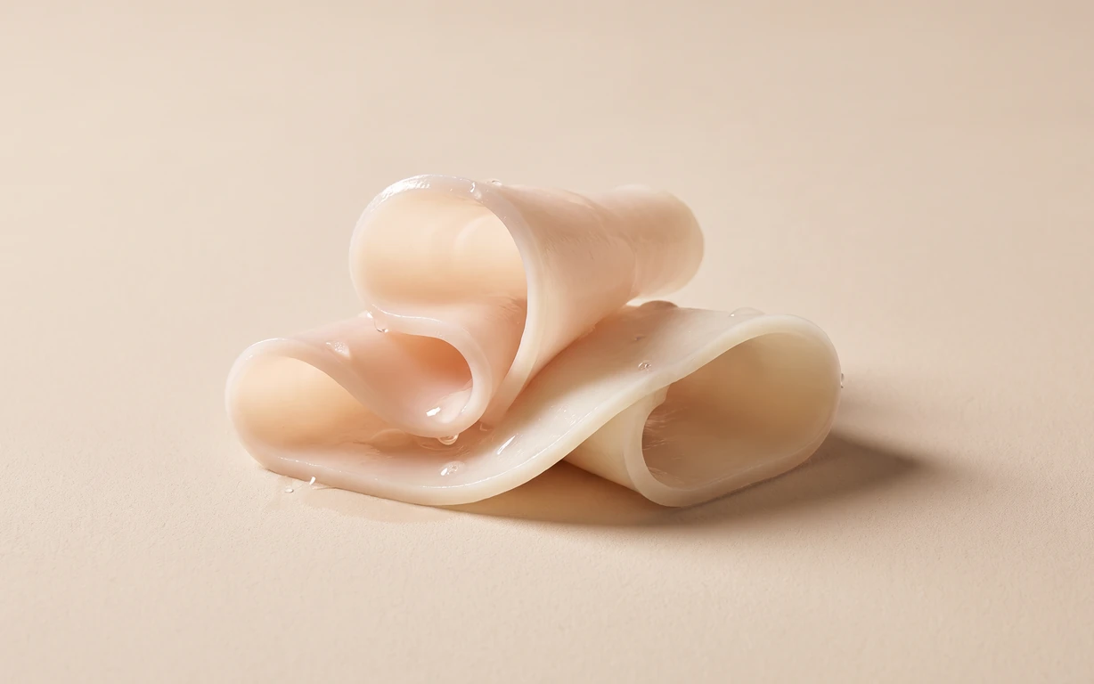 Soft peach and ivory translucent sculptural folds with small droplets, arranged on a warm seamless surface under diffused light.