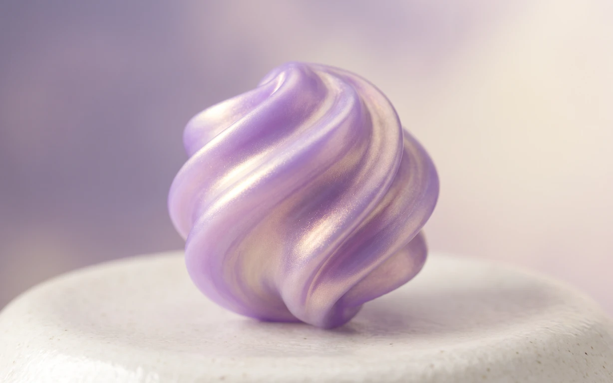 A rounded abstract violet form with pearlescent ivory highlights rests on a softly textured ivory surface against a blurred lilac-and-blush background.