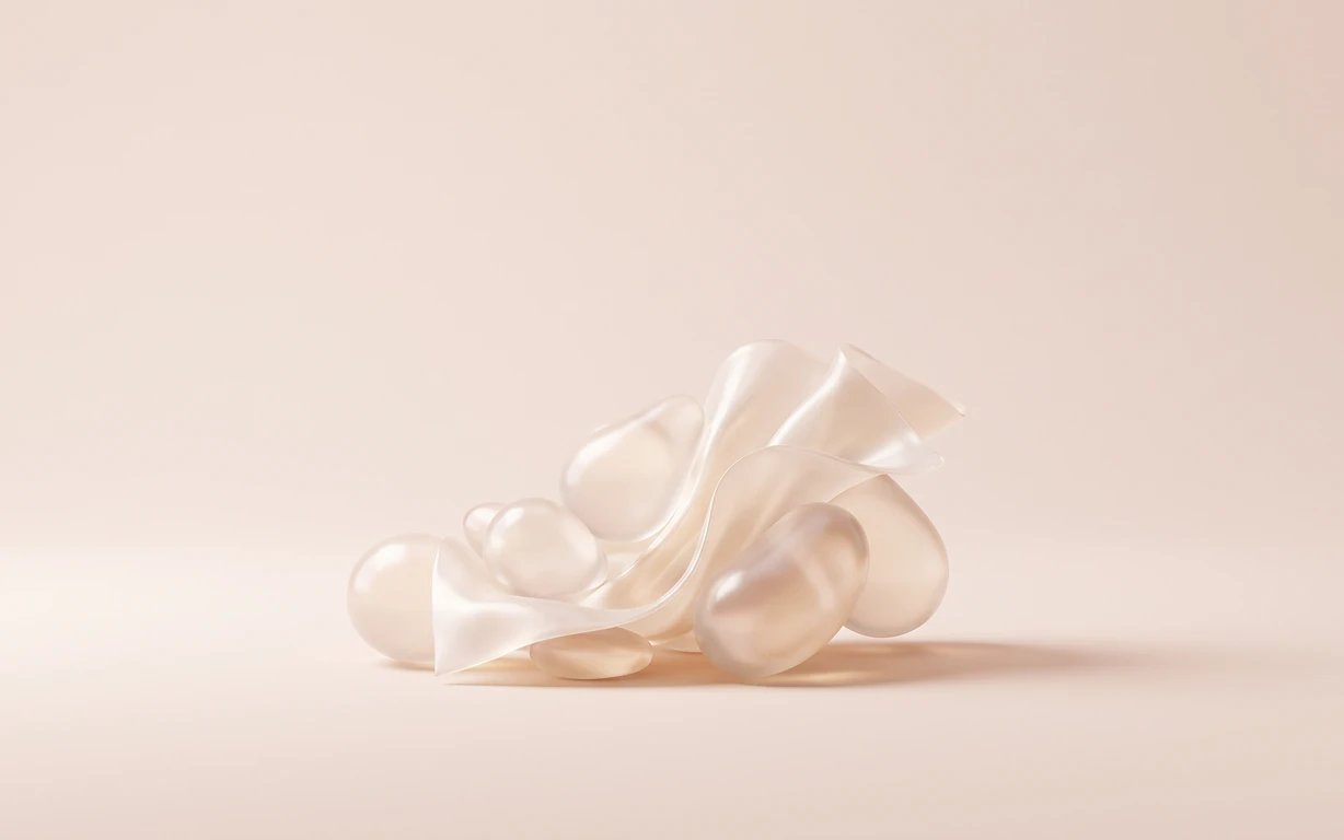 Abstract arrangement of softly translucent, pearl-like forms and flowing ivory sheets on a warm blush seamless surface, lit with gentle studio highlights and a grounding shadow.