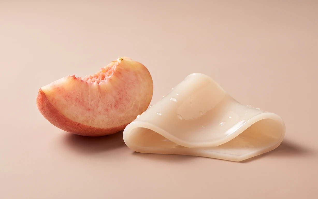 A peach wedge beside a folded, translucent ivory material with small droplets, arranged on a warm blush seamless surface.