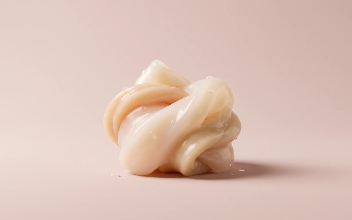 A glossy, pale peach-and-ivory abstract folded form with small water droplets, centered on a softly lit blush surface with a gentle shadow.