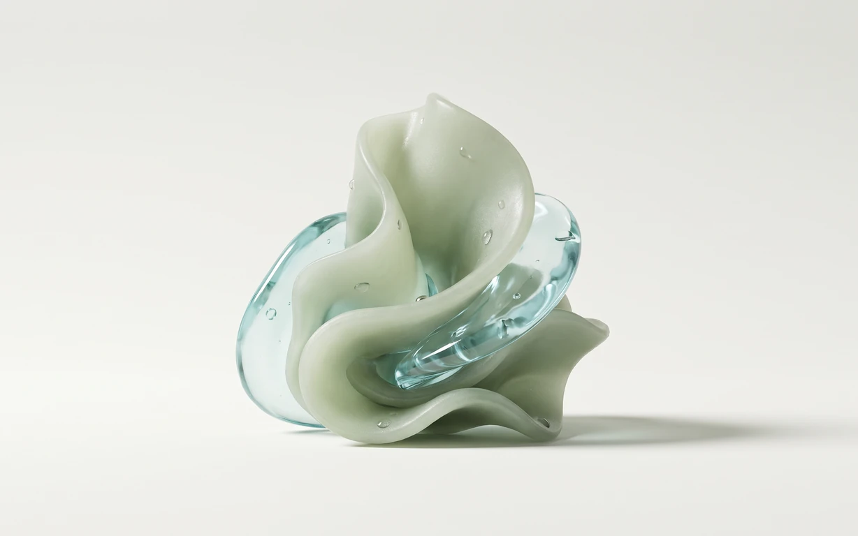 Abstract pale sage folded sculpture intertwined with a translucent aqua glass-like loop, dotted with water droplets on an ivory studio surface.