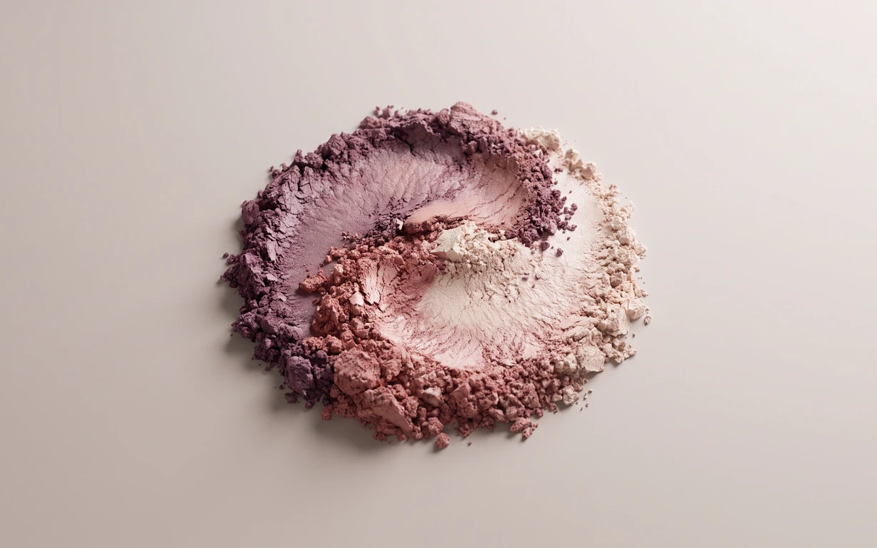 A softly lit mound of loose ivory, blush, rose, and muted plum powders blended in overlapping circular sweeps on a warm neutral surface.