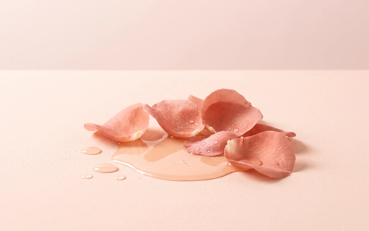 Pink rose petals with water droplets arranged around a shallow pool of pale blush liquid on a seamless peach-toned surface.