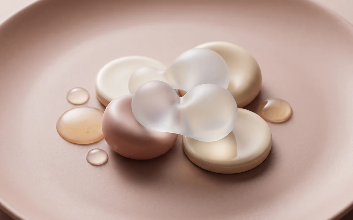 Abstract still life of translucent ivory and blush sculptural forms with amber-tinted droplets arranged on a matte dusty-pink surface.