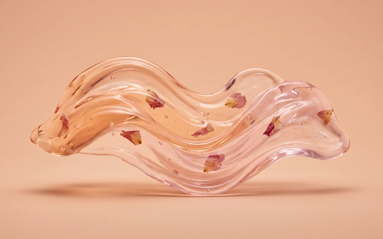 A translucent blush-pink, wave-shaped gel form with small dried pink petal fragments suspended inside, floating above a peach seamless surface with a soft shadow.