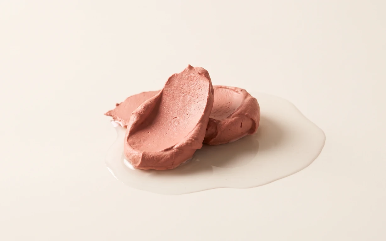 Two sculpted daubs of muted rose-colored clay rest in a shallow translucent puddle on a warm ivory studio surface.
