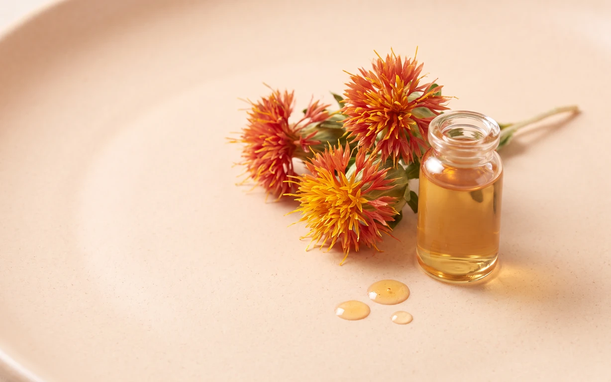 Orange and golden safflower blooms arranged beside a small clear glass vial of amber liquid and three droplets on a warm ivory surface.