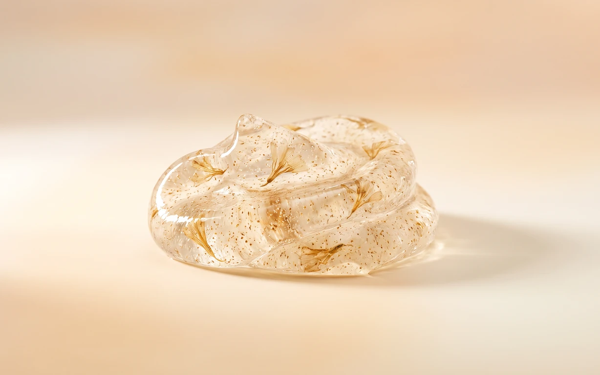 A translucent amber gel sculpture with suspended dried botanical fragments rests on a warm ivory surface, casting a soft shadow against a peach-toned backdrop.