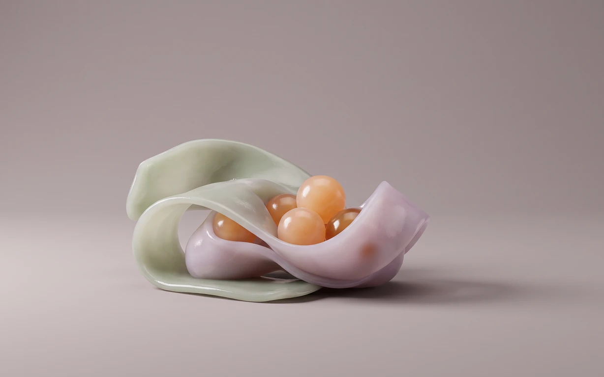 Abstract still life of glossy peach and amber spheres nestled within softly folded pale sage and blush-lilac forms on a muted mauve seamless backdrop.