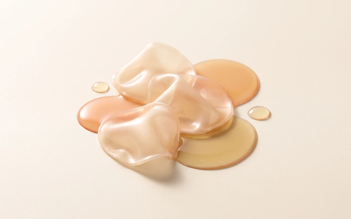 Abstract still life of translucent peach, ivory, and amber folds layered over glossy rounded pools and small droplets on a warm cream surface.