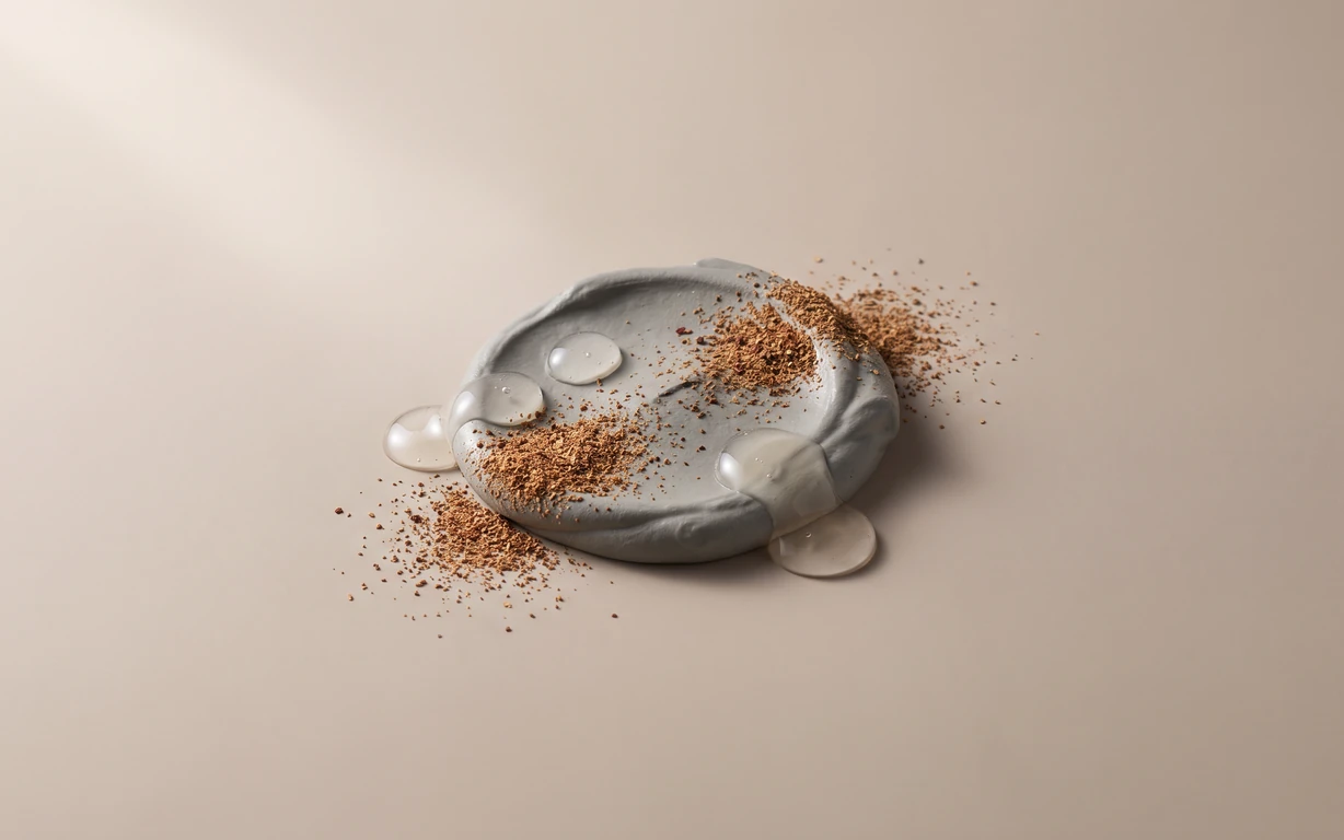 A sculptural gray clay-like disc arranged with fine brown powder and clear gel droplets on a warm beige studio surface.