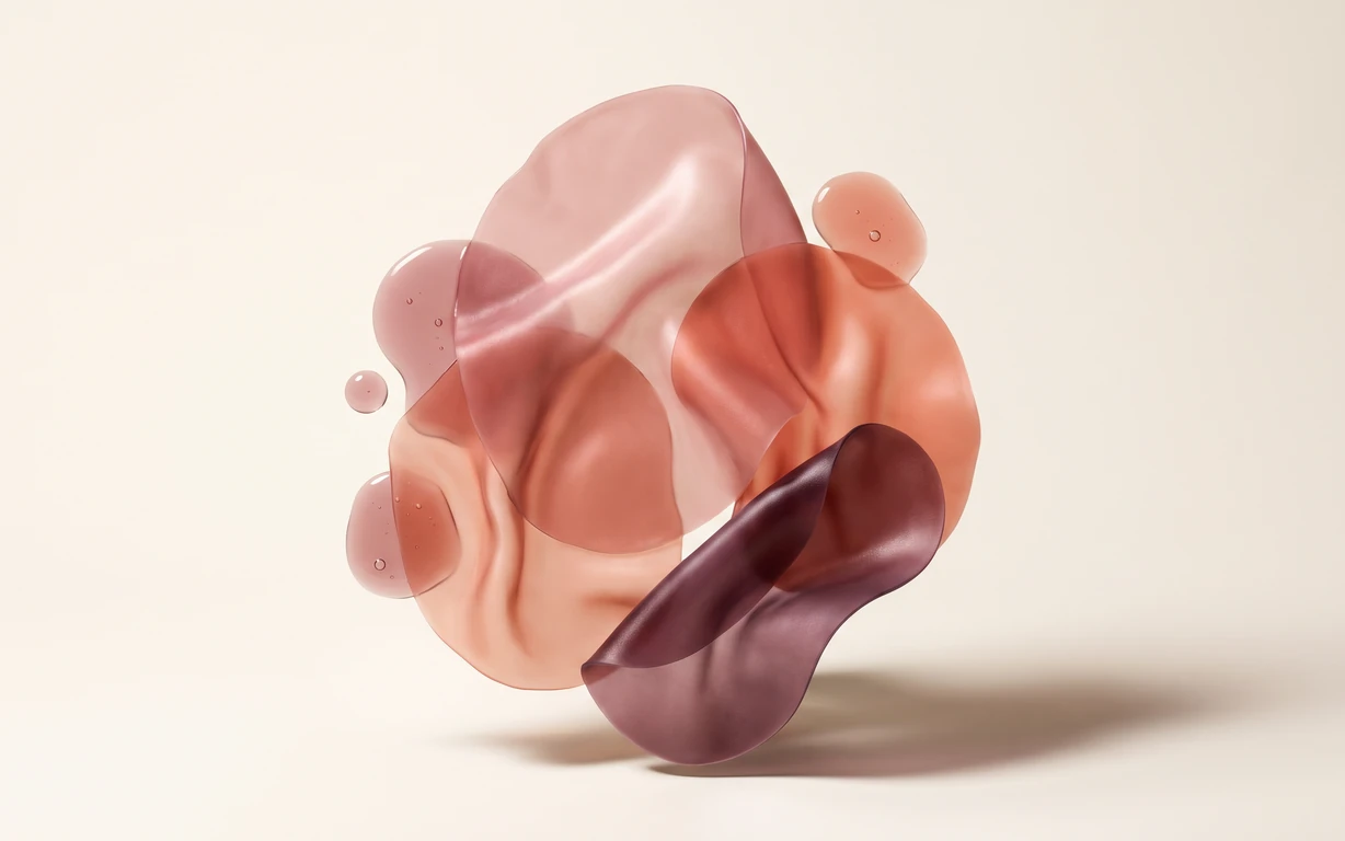 Abstract arrangement of translucent blush, coral, and muted plum folded forms with suspended droplets, softly lit on an ivory studio surface.
