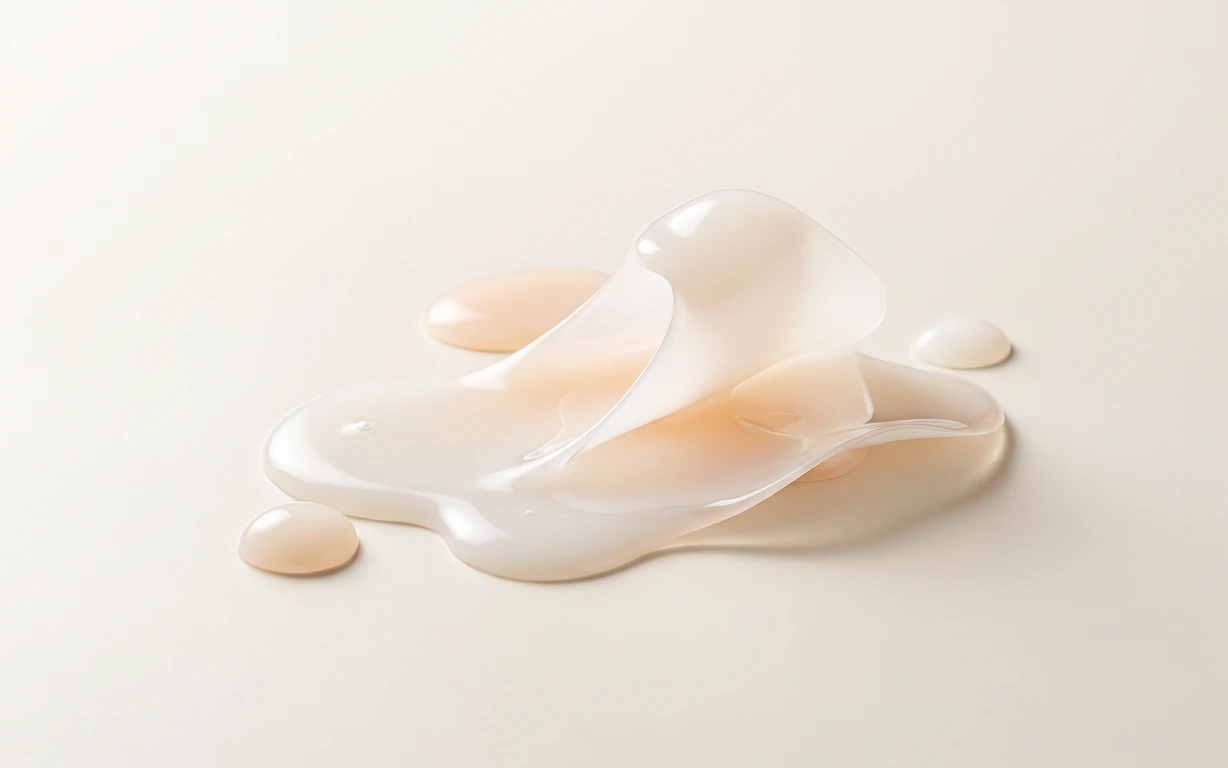 Glossy translucent ivory and pale peach sculptural folds rest on a warm off-white surface, surrounded by three rounded droplets and soft grounding shadows.