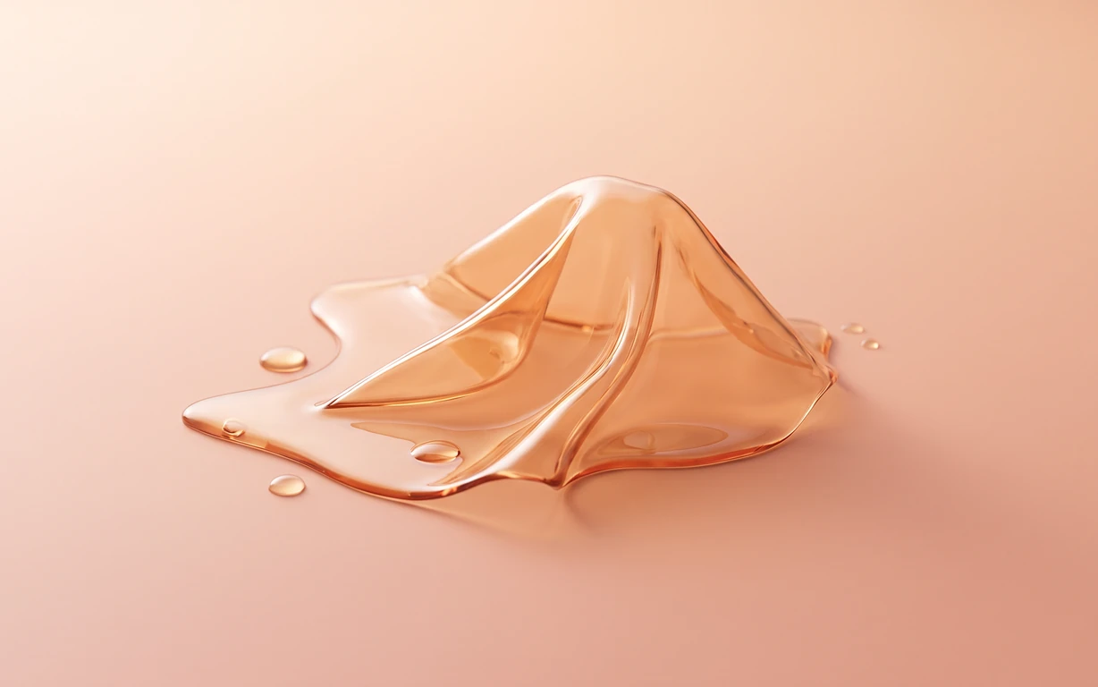 A sculptural fold of translucent amber gel with small droplets, softly lit on a seamless peach backdrop.