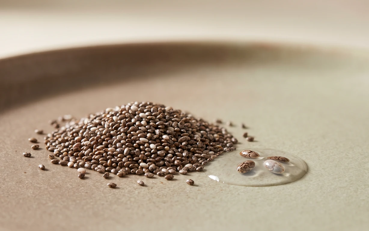 A mound of mottled brown, gray and white chia seeds beside a clear gel-like droplet containing several seeds, photographed on a warm neutral surface.