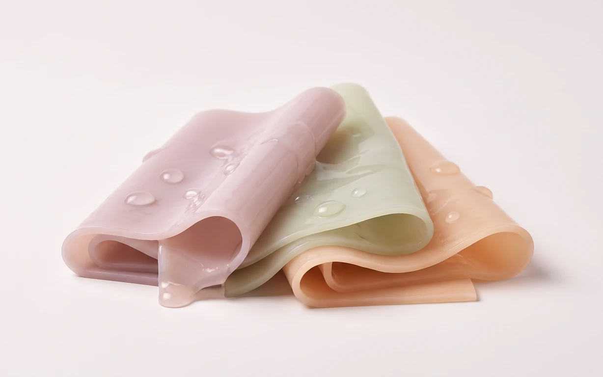 Pastel pink, pale sage, and peach translucent sheets arranged in soft glossy folds with clear droplets on an ivory seamless surface.